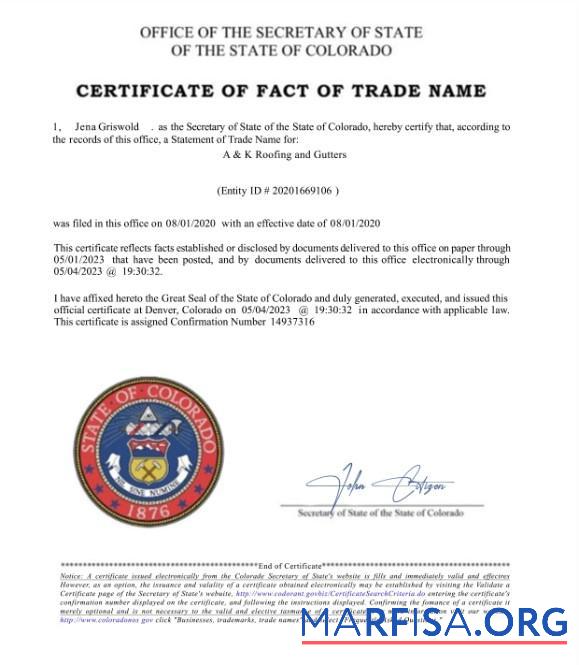 Printable USA Colorado Certificate of fact of trade name sample